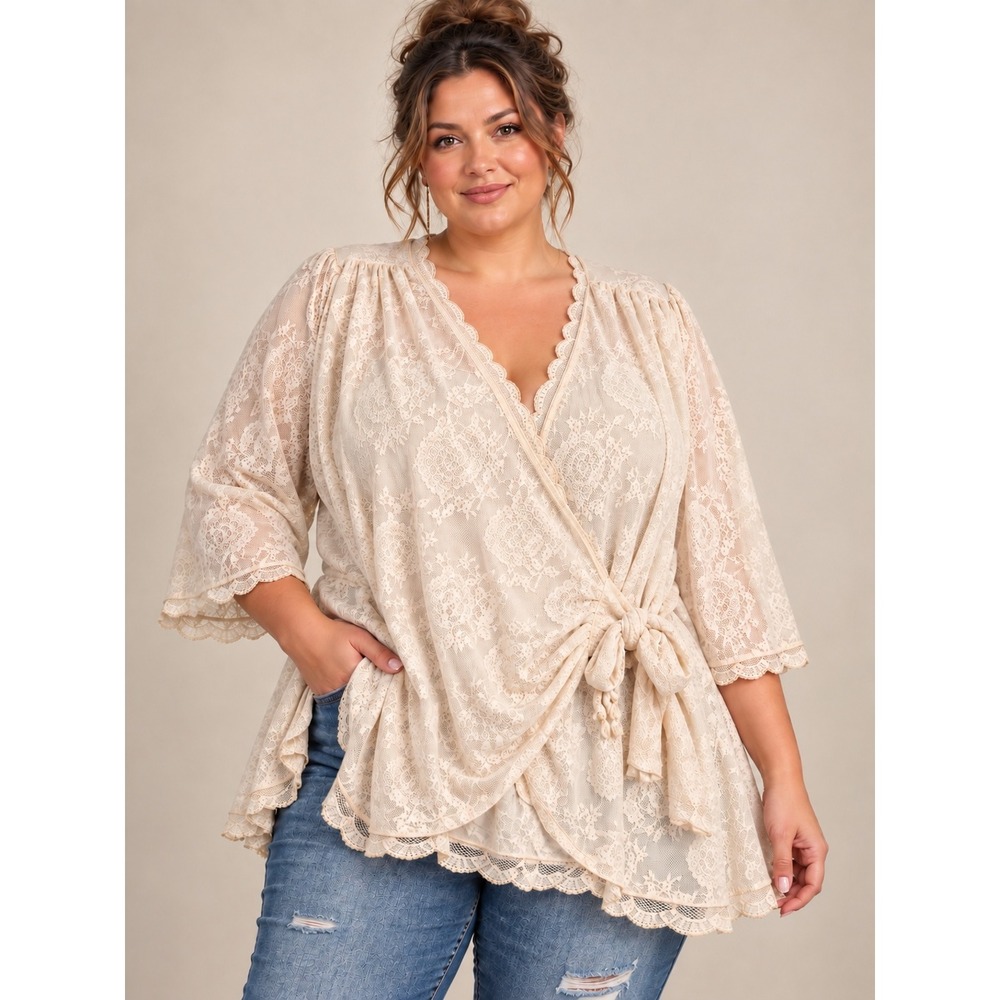 Kiyonna Cream Lace Wrap Top Plus Size 5X Champagne Scalloped Sleeve Top